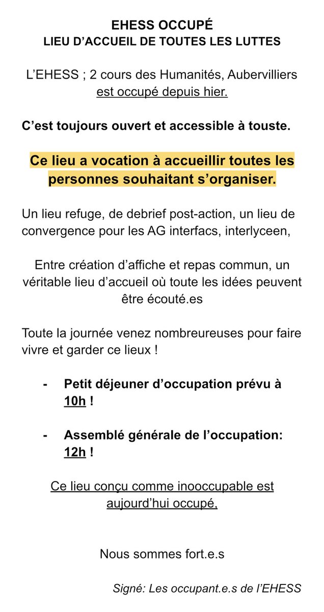 Condorcet_mob's tweet photo. EHESS OCCUPÉE, LA MOBILISATION CONTINUE https://t.co/4boqotf5g0