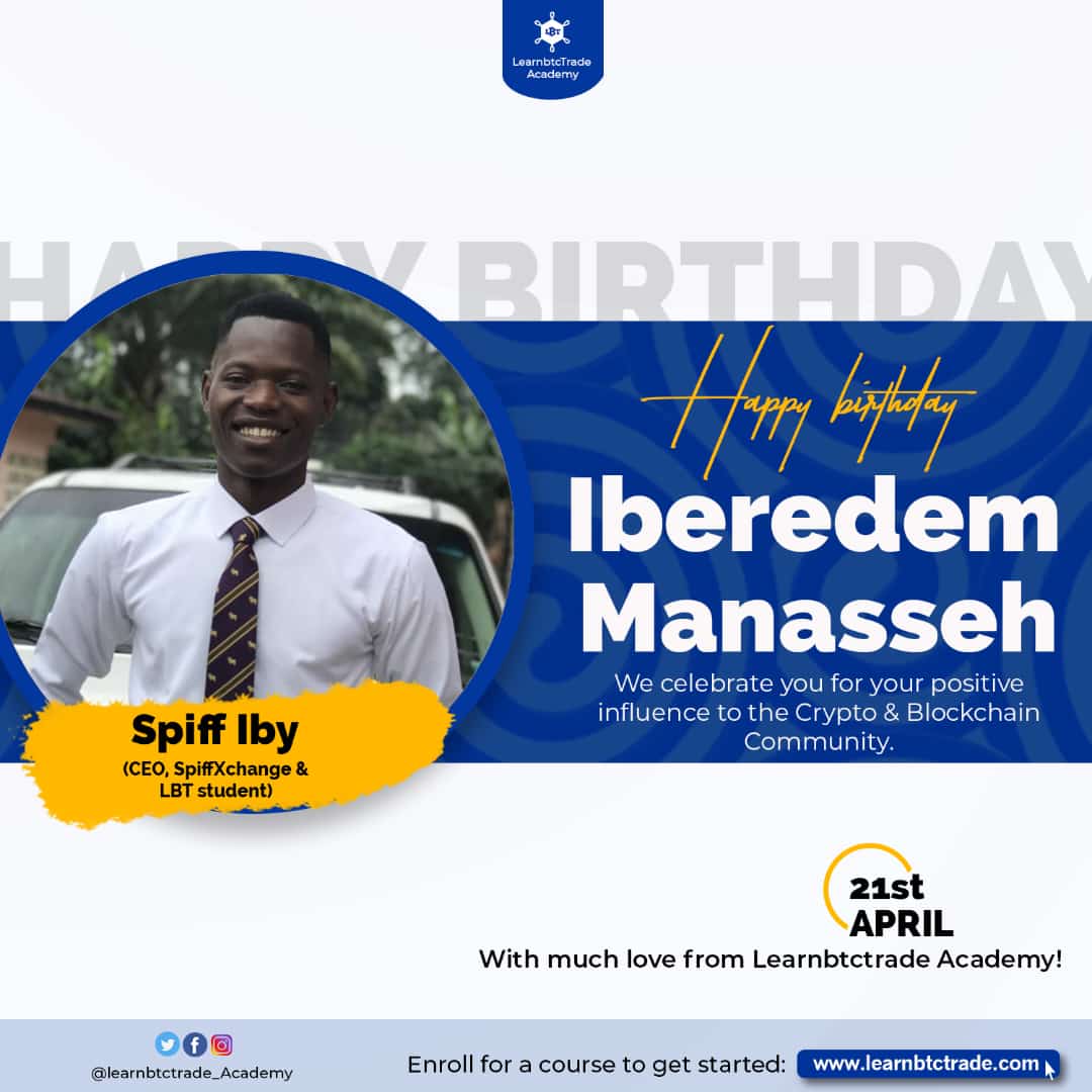 Learnbtctrade's tweet photo. Today we celebrate the CEO of SpiffXchange &amp; Our Dear Student - Mr  Iberedem   Manasseh

Thank you for your positive contributions to the  Blockchain community.

Happy Birthday Sir. https://t.co/KKx3RYsi2t