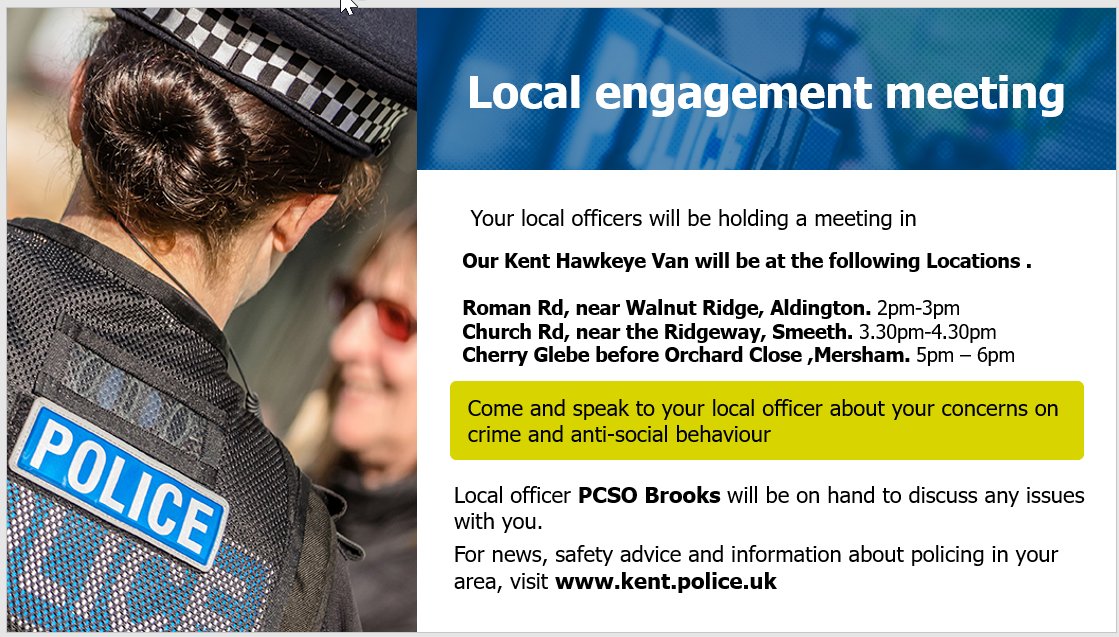 KentPoliceAsh's tweet photo. Our Kent Police Hawkeye Van will be at the following locations today Thursday 21st April 2022.Please do come along if you have anything you would like to discuss with us. #CommunityPolicing #SaferSpring #AshfordCSU KR https://t.co/IA0jMaeWgo