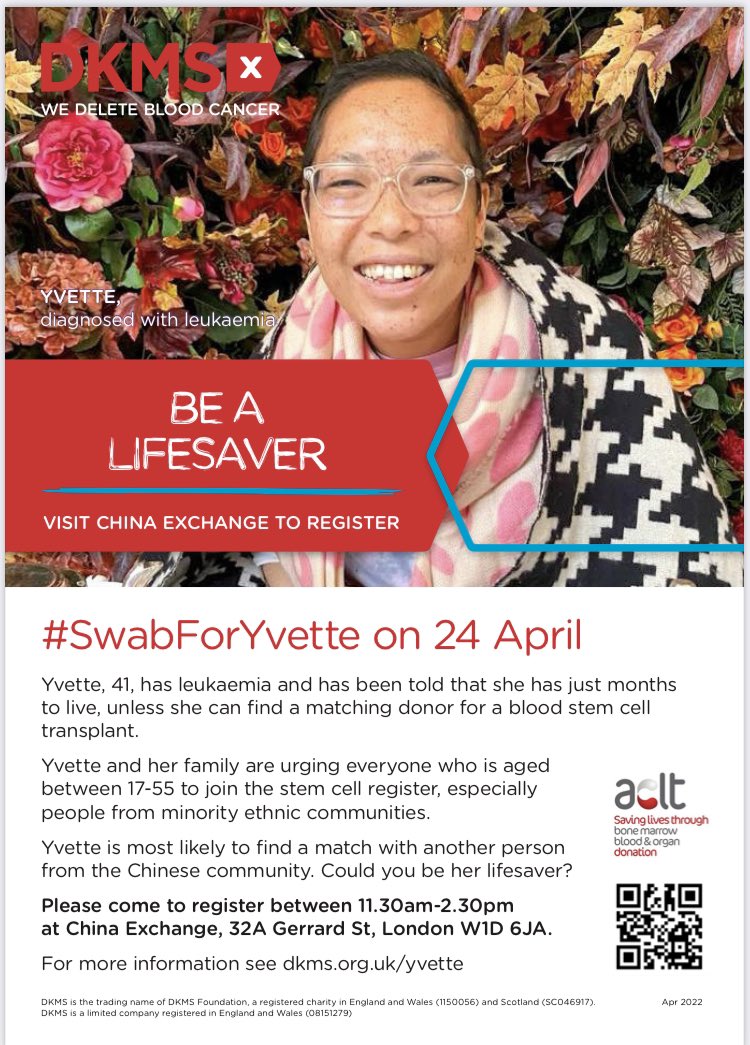 DrSallyEverett's tweet photo. Yvette is the daughter of one of my mum’s friends. She went to my school. She needs to find a stem cell donor (likely from the Chinese community). It’s a simple mouth swab to find a match donor. If you in London and Chinese then do think about it please.  https://t.co/LYNNgdIgCt https://t.co/wFqyqqpwCO