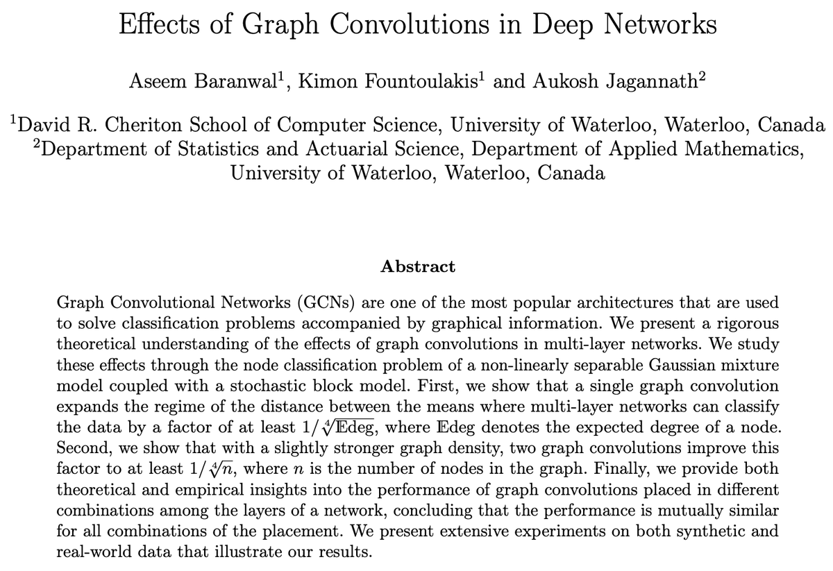 kfountou's tweet image. Does it matter where you place the graph convolutions (GCs) in a deep network? How much better is a deep GCN vs an MLP? When are 2 or 3 GCs better than 1 GC? We answer those for node class., and a nonlinearly separable contextual stochastic block model. arxiv.org/pdf/2204.09297….