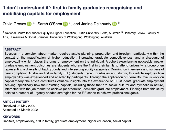 seos895's tweet photo. New article exploring the experiences of FiF graduates in a complex and competitive job market - applies capital theory and Free Eprints available 😃
‘I don’t understand it’: first in family graduates recognising and mobilising capitals for employment https://t.co/bbkoBKAvCo https://t.co/mcUB3rg0zw