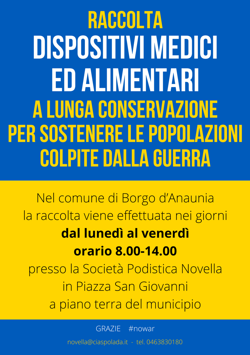 Raccolta 𝗗𝗜𝗦𝗣𝗢𝗦𝗜𝗧𝗜𝗩𝗜 𝗠𝗘𝗗𝗜𝗖𝗜 e 𝗔𝗟𝗜𝗠𝗘𝗡𝗧𝗔𝗥𝗜 𝗔 𝗟𝗨𝗡𝗚𝗔 𝗖𝗢𝗡𝗦𝗘𝗥𝗩𝗔𝗭𝗜𝗢𝗡𝗘 per sostenere le popolazioni colpite dalla guerra! Dove? a Fondo c/o la 𝗦𝗼𝗰𝗶𝗲𝘁𝗮' 𝗣𝗼𝗱𝗶𝘀𝘁𝗶𝗰𝗮 𝗡𝗼𝘃𝗲𝗹𝗹𝗮
dal LUNEDÍ al VENERDÍ⏱orario 8:00-14:00🙏GRAZIE