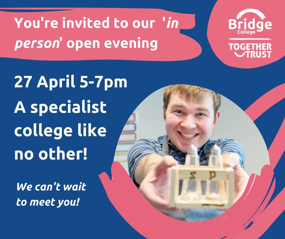 BridgeCollege_'s tweet photo. Meet the amazing dedicated #BridgeCollege team at our open evening on 27 April. Have a tour of our state of the art facilities, including the hydro pool & rebound room. Ask about admissions. To book your place, email or phone: https://t.co/IxrIzMhrgW We can't wait to meet you! https://t.co/9h1cUDeacG