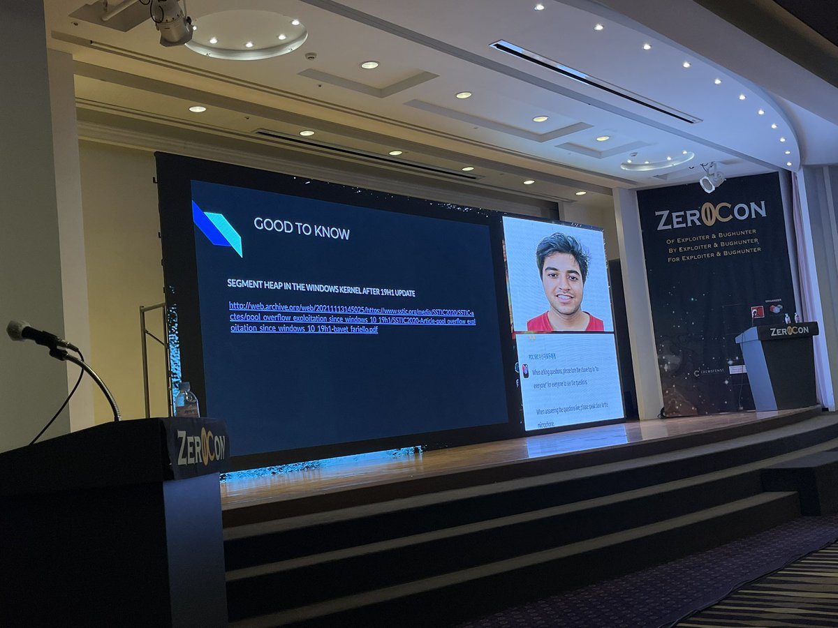POC_Crew π¨βπ©βπ¦βπ¦ (@poc_crew) on Twitter photo Fifth speaker, Arav Garg(<a href="/AravGarg3/">cyber8knight</a> ) giving his talk on Data-only exploits for Windows kernel bugs online
#Zer0con2022 Fifth speaker, Arav Garg(<a href="/AravGarg3/">cyber8knight</a> ) giving his talk on Data-only exploits for Windows kernel bugs online
#Zer0con2022