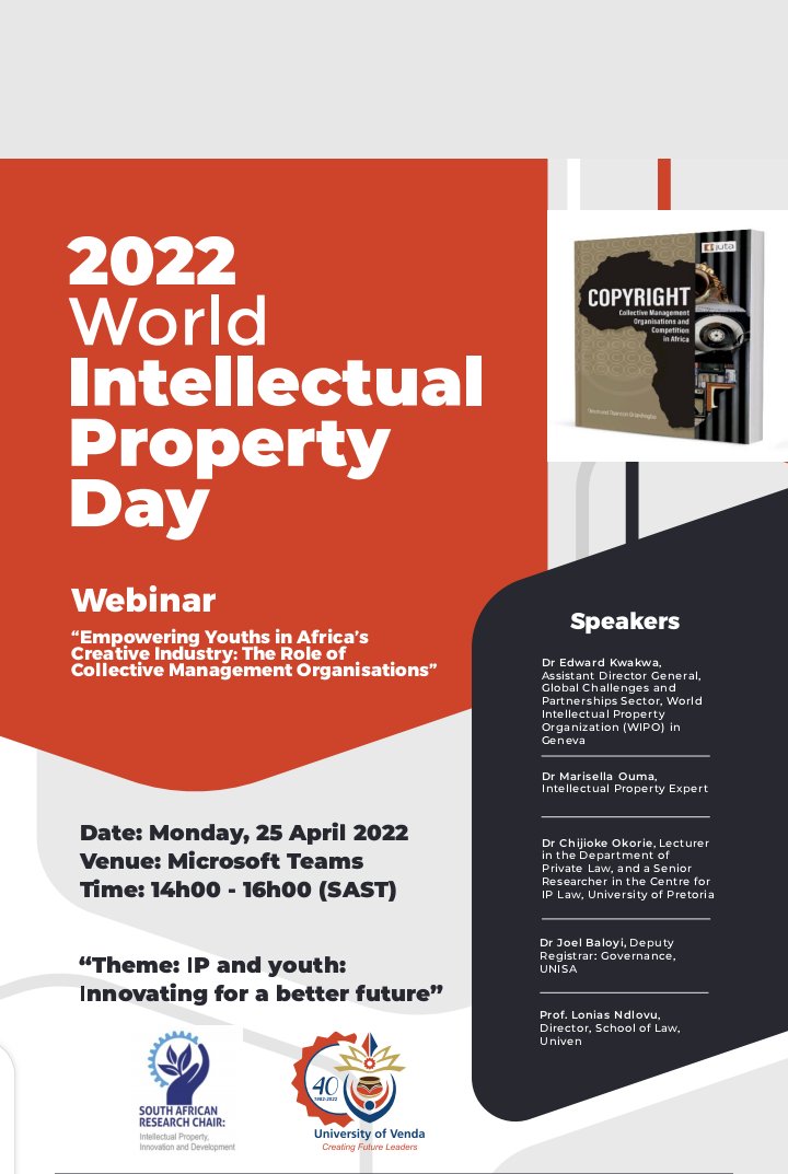 SPECIAL INVITATION: Join us @Univenofficial & @IPChairUCT to celebrate World IP Day '22 on 25 April from 2-4pm (SAST). Keynote by @EdwardKwakwa_. Speaking @mwarsie, @chythepenguide, Dr Baloyi, @LoniasN @caro_ncube. @k_omowamiwa & I moderating. MSTeams: teams.microsoft.com/dl/launcher/la…