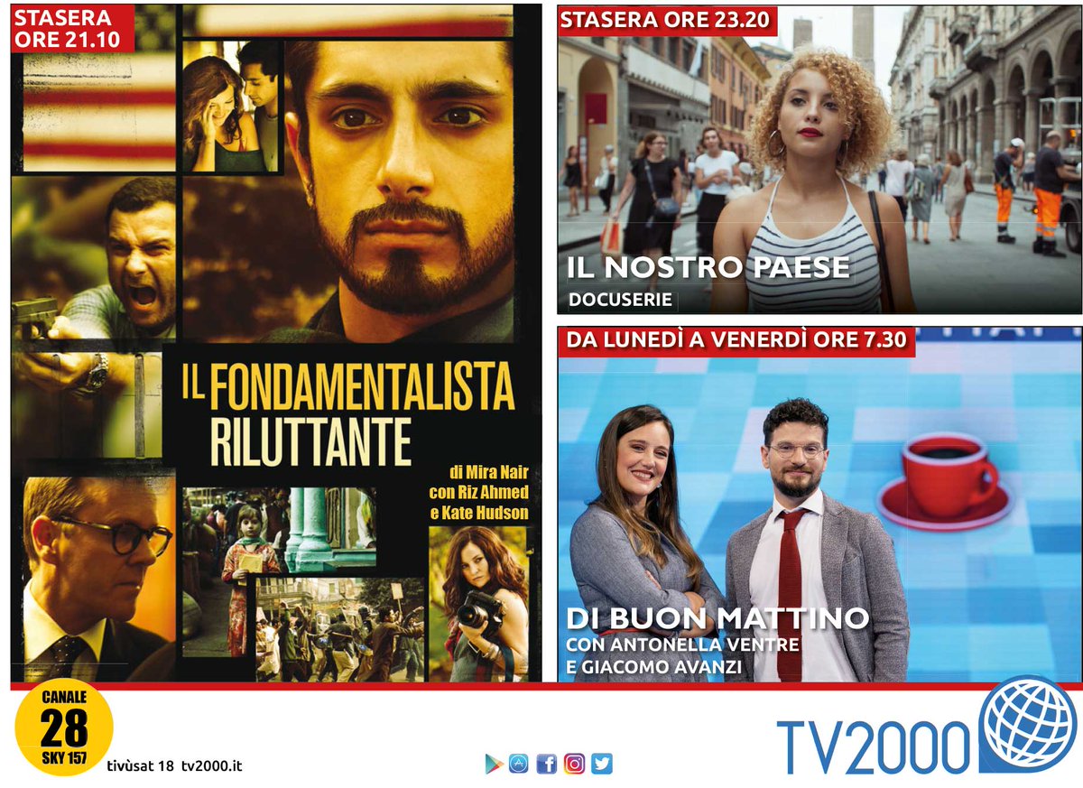 Appuntamenti su #Tv2000 #21aprile 
🔸ore 21.10 film "Il fondamentalista riluttante"
🔸ore 23.20 docuserie "Il nostro Paese"

#cinema #film #Pakistan #documentario #biopic