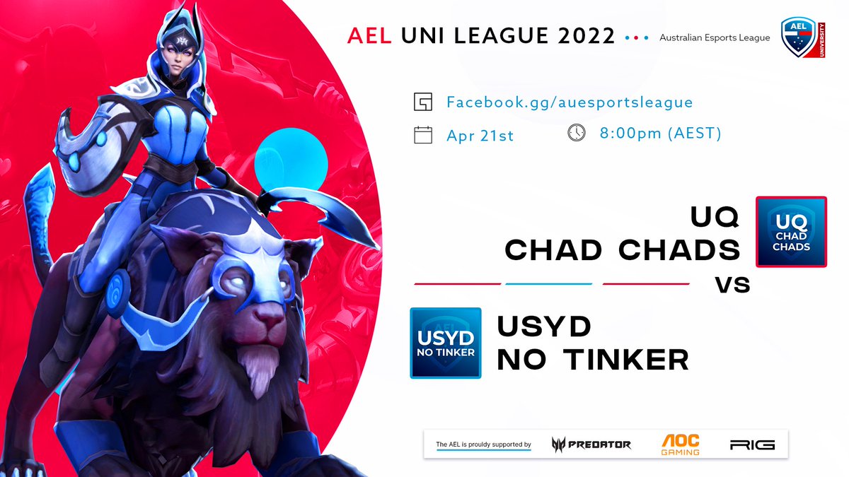 Australian Esports League (@auesportsleague) on Twitter photo π’DOTA 2 MATCH TONIGHT!π’
In Season 1 of the 2022 AEL University League!
π΄ fb.gg/auesportsleague
π 8:00pm AEST
Casting by <a href="/KadiusCasts/">Kadius</a> & <a href="/awanderingbard/">Tom Anderson</a>
Tonight's match will feature:
<a href="/uquesports/">UQU Esports</a> Chad Chads vs <a href="/Sydney_Uni/">University of Sydney</a> No Tinker
#esports #gaming #dota2 π’DOTA 2 MATCH TONIGHT!π’
In Season 1 of the 2022 AEL University League!
π΄ fb.gg/auesportsleague
π 8:00pm AEST
Casting by <a href="/KadiusCasts/">Kadius</a> & <a href="/awanderingbard/">Tom Anderson</a>
Tonight's match will feature:
<a href="/uquesports/">UQU Esports</a> Chad Chads vs <a href="/Sydney_Uni/">University of Sydney</a> No Tinker
#esports #gaming #dota2