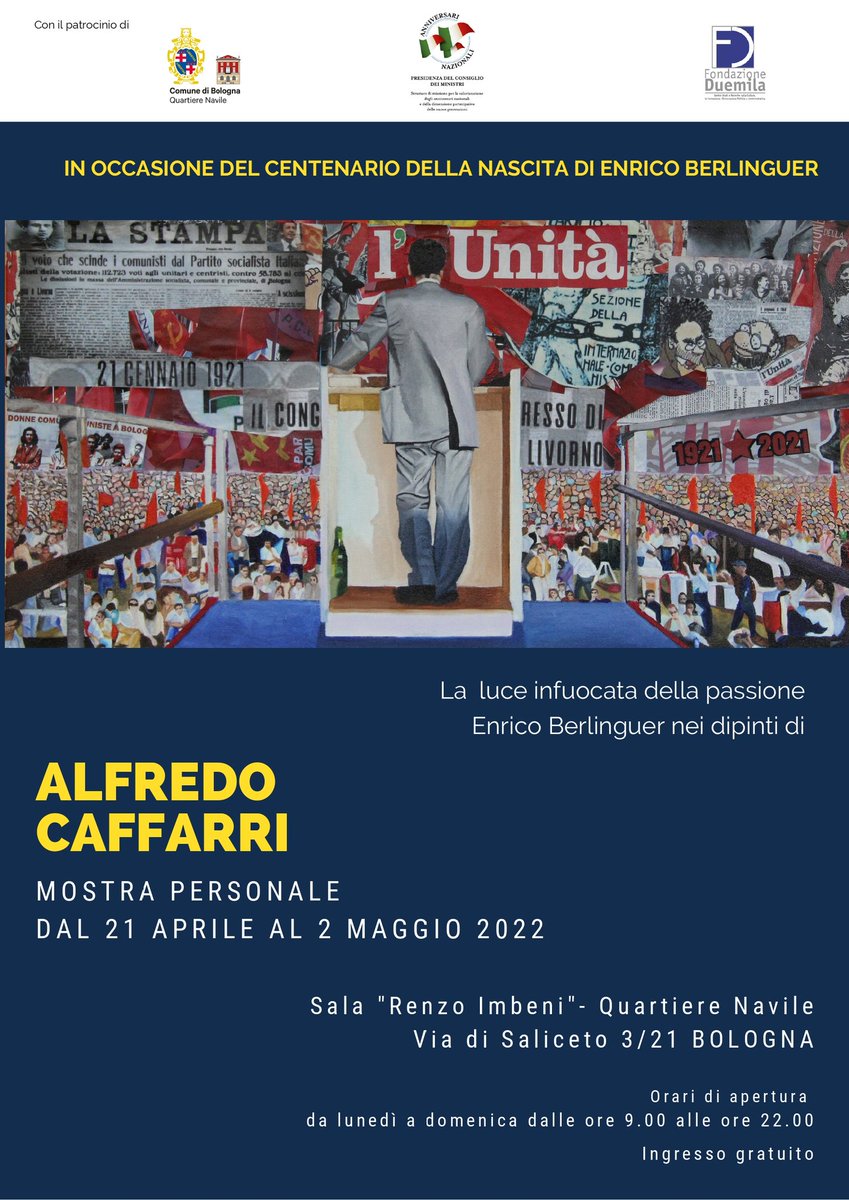 In occasione del centenario della nascita di Enrico Berlinguer al via da oggi la mostra del maestro Alfredo Caffarri dedicata al segretario generale del #PCI. #21aprile <a href="/comunebologna/">Comune di Bologna</a> <a href="/fondazioneduem2/">Fondazione Duemila</a>