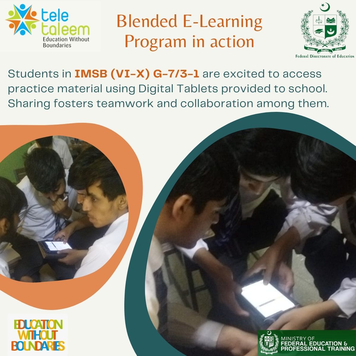 TeleTaleem's tweet photo. #TeleTaleem's blended #elearning program in the schools of #Islamabad is fostering #teamWork, #collaboration, #communication and #problemsolving skills in #students. They are visibly excited to use digital content to improve their learning and practice for upcoming exams. https://t.co/KgB7EA2bGX