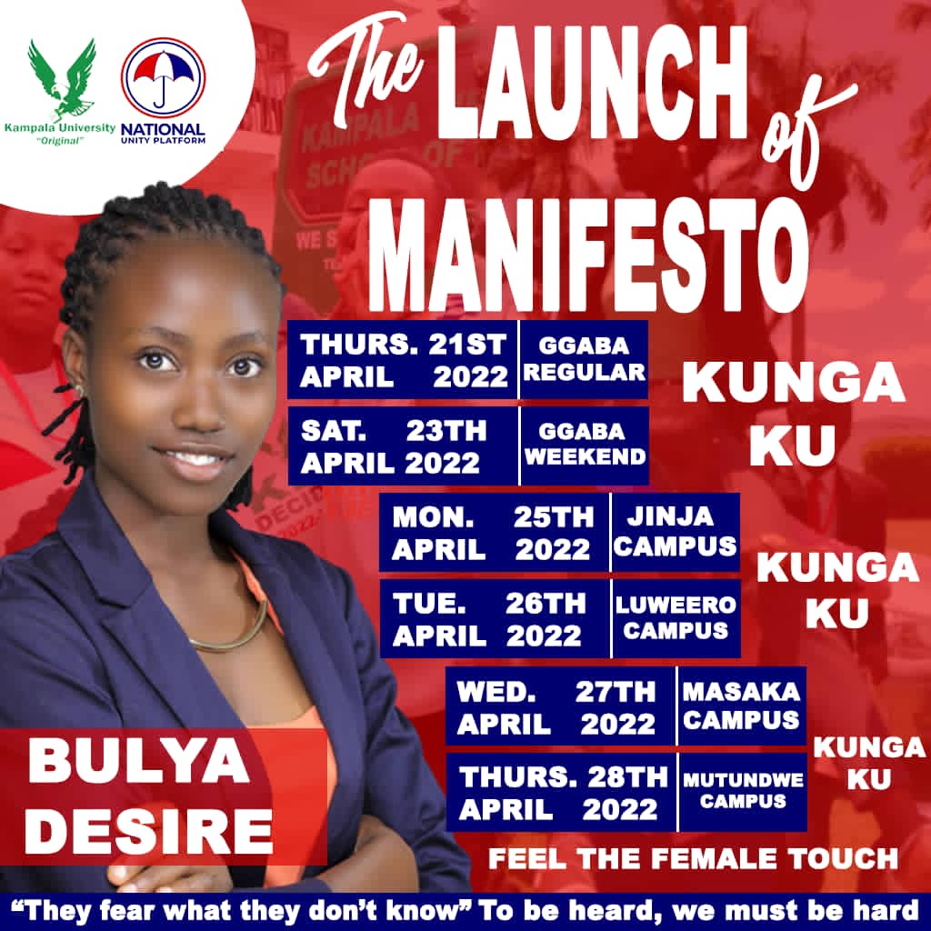 mosh_graphics's tweet photo. Dear Gallant Intellectuals of @klauniversity.

The launch of the manifesto is set to go the dates are set now let's all be there in big numbers

KUNGA KU KUNGA KU

#BULYADESIRE
#FORGUILDPRESIDENT
#FEELTHEFEMALETOUCH
#THEYFEARWHATTHEYDONTKNOW
#TOBEHEARDWENEEDTOBEHARD https://t.co/ooFQ4W7ogE