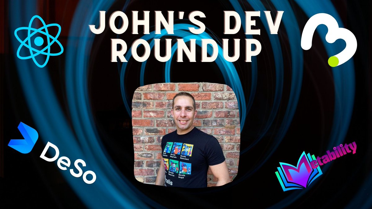 Hi all. I'll be hosting my very first live stream: "John's Dev Roundup" at 8:15am UTC on overclout.com. I'll be wearing my Moralis shirt for good luck 😎.

Topics include:
- A new React module I'm working on
- Upcoming React courses
- DeSo
- Q&amp;A

I'll send link shortly.
