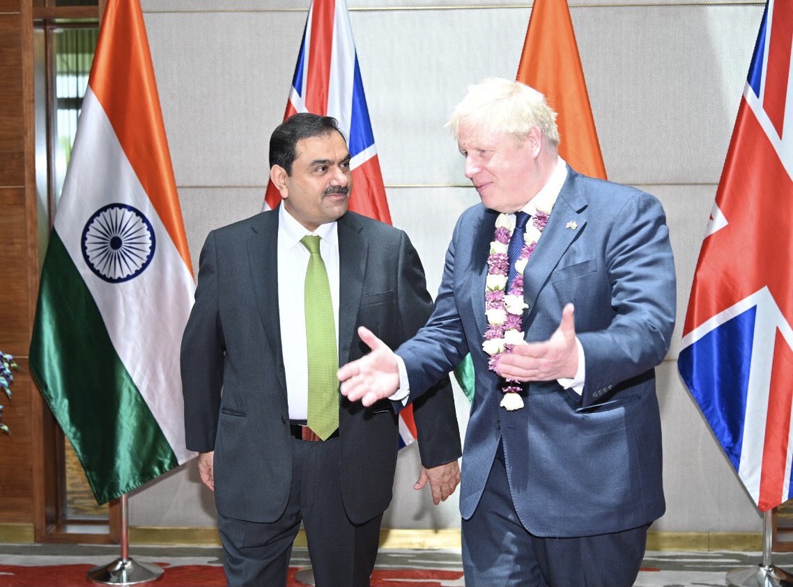 Honoured to host <a href="/BorisJohnson/">Boris Johnson</a>, the first UK PM to visit Gujarat, at Adani HQ. Delighted to support climate &amp; sustainability agenda with focus on renewables, green H2 &amp; new energy. Will also work with UK companies to co-create defence &amp; aerospace technologies. #AtmanirbharBharat