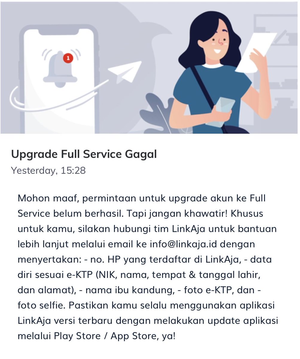 Lewat apliksi tidak perlu foto KK tp gagal terus, sedangkan lewat email harus menyertakan foto kk asli, dipersulit banget mau upgrade full service <a href="/linkaja/">LinkAja</a>
