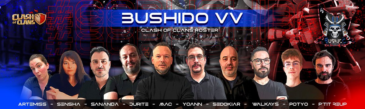 Introducing to you @Bushido_VV our new 100% French roster 🇫🇷🥖 

<a href="/Walkays_VV/">Walkays | BusHidO Vv ⚜️</a> (c)
@Qu33nArt3misss 
<a href="/_Sensha/">Sensha</a>
@Sananda95226595
@VVMac22 
<a href="/Yoann_VV/">Yoann 🥷(🎮,🟢)</a> 
<a href="/Sedokiar4/">Sedokiar</a> 
#Potyo 
<a href="/ptitreup/">P’tit Reup</a> 

@Durite_VV (Manager)

Warm welcome to you guys🔥

#ClashOfClans #Bushido #MalheurAuxVaincus