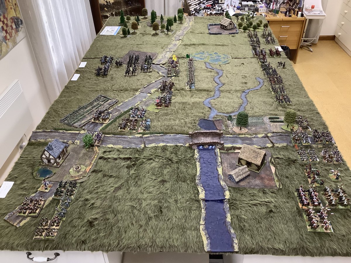 Oldwargamer's tweet photo. Troops now in place for the #QuatraBras bash on Saturday. All my own #Napoleonic troops, nice to see them all out on the table, of course there are more in the draws! 
#wargaming #wargames #wargamer #LaSalle #28mm #frontrankminiatures #napoleonics https://t.co/EmGuRqVlpj