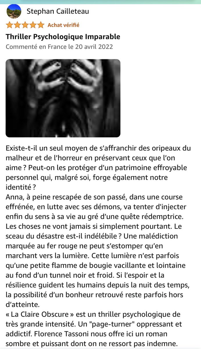StephCailleteau's tweet photo. La Claire Obscure de @florencetassoni 
Retrouvez ci-dessous mon commentaire posté sur Amazon. Thriller Psychologique de grande classe. Foncez… https://t.co/zB3Fbpbnt6