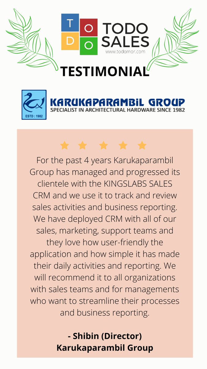 TODOmorapp's tweet photo. Mr. Shibin, Director of Karukaparambil Group, our happy client, describes his experience with ToDo Sales App.
Do read out his words.
#testimonial #testimonialmonday #gratitude #support #business #service #happiness #customer #Feedback #reviews  #starreview #customerreview https://t.co/L0iK50AX8m