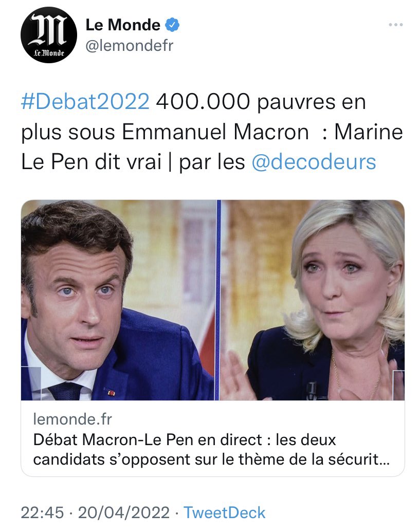 HeleneLaporteRN's tweet photo. Lors du #DébatMarineMacron, @MLP_officiel a démontré une parfaite connaissance et maîtrise de tous les sujets abordés. Les « fact-checkeurs » sont unanimes. ⤵️ #MarinePrésidente #TousSaufMacron #2022LeDébat https://t.co/dRh3IaCuPp