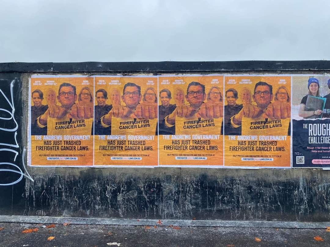 VicFireys's tweet photo. The community awareness campaign continues in Richmond.
Last month the @DanielAndrewsMP Gov trashed laws designed specifically to protect a firefighter and their family if they contract cancer from fighting fires.
Fireys don't forget, and we'll make sure the public don't either. https://t.co/gqX7QGOZSY