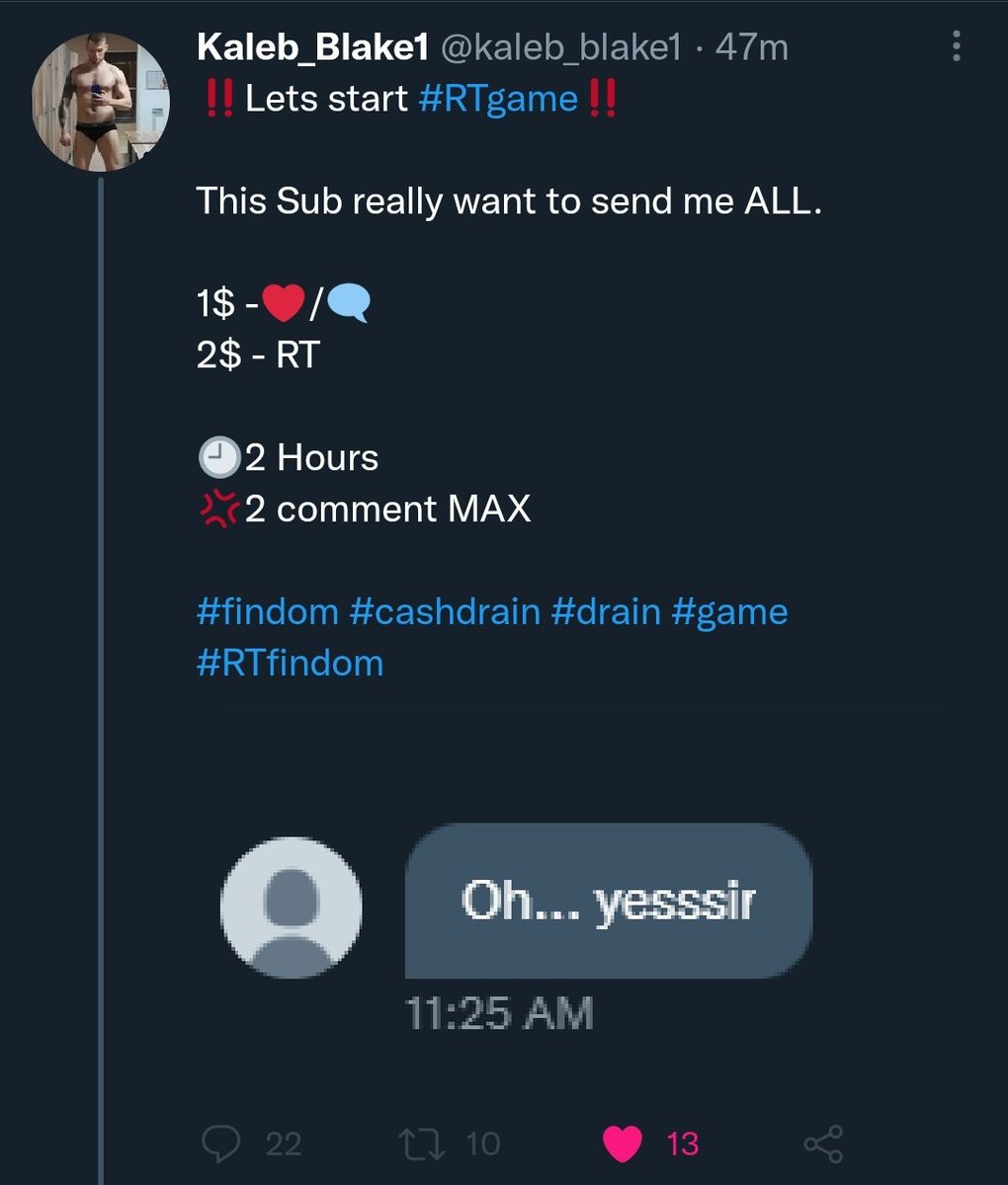 🟥😈RTGAME😈🟥

1$- ❤️💬
2$- ♻️

There were lags in my app and tweet was deleted.... 
But that doesn't mean this sub can relax.

Let's empty his wallet!

#rtgame #rtfindom #cashdrain #cashgod #findom #cashsub