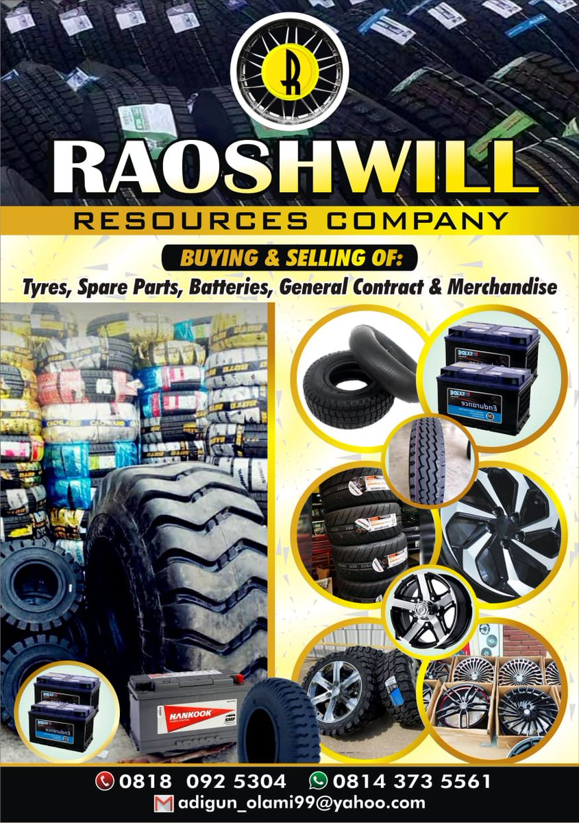 iam_olami99's tweet photo. RAOSHWILL RESOURCES COMPANY is an automobile Store,
We sell all types of Tyres, Tubes, Rims and Batteries for Trucks, Bus, Agricultural machines, wheel loader machines, compactor machines, forklift machines, backhoe machines, industrial machines, and Mining machines. Etcetera.... https://t.co/XcRckdJiig