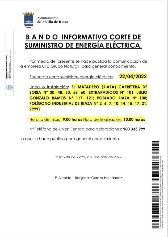 B A N D O  INFORMATIVO CORTE DE SUMINISTRO DE ENERGÍA ELÉCTRICA.
22-04-2022
#RiazaInforma #AytoDeRiaza #Riaza #suministroElectrico