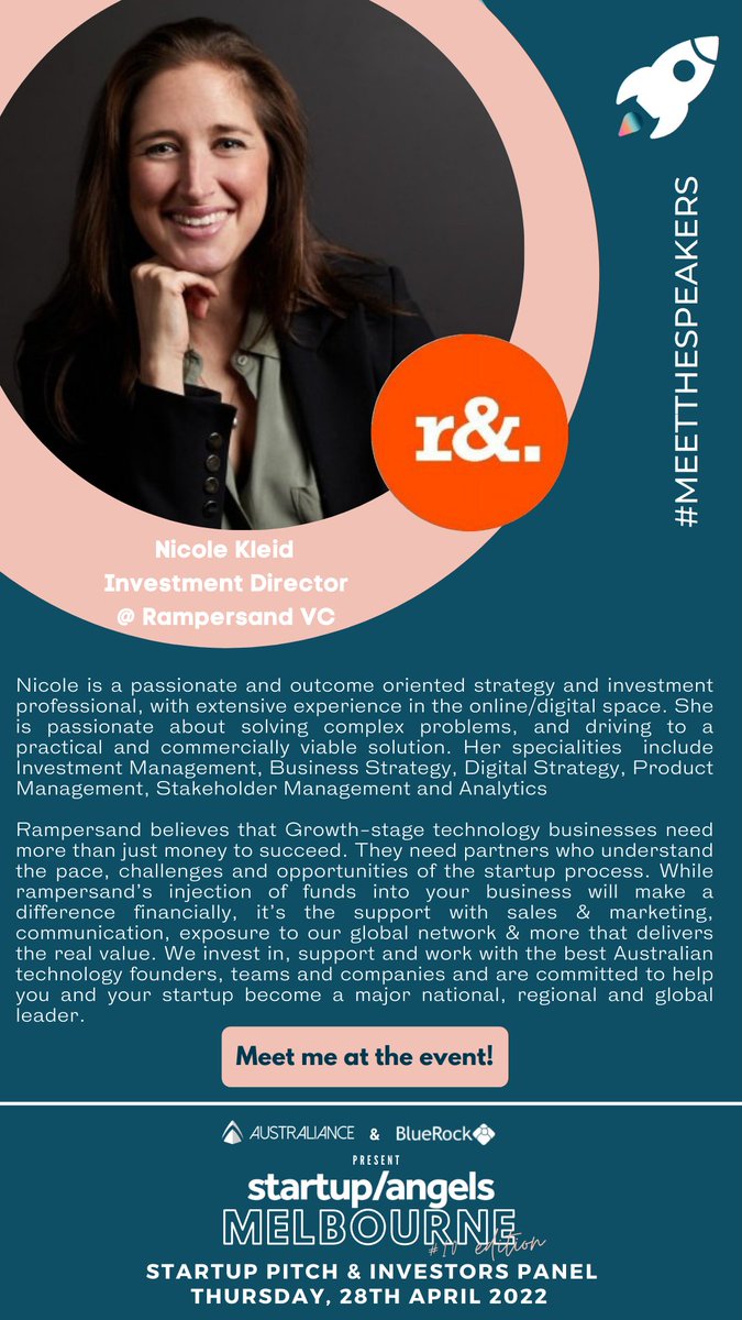 #Meetthespeakers 
Meet Nicole Kleid | Investment Director Rampersand
We would love for you all to meet and get to know the speakers at our S/A #Pitch &amp; Investors #panel event in Melbourne
🚀 Booked your spot yet? Book your tickets NOW >> events.humanitix.com/startup-and-an…