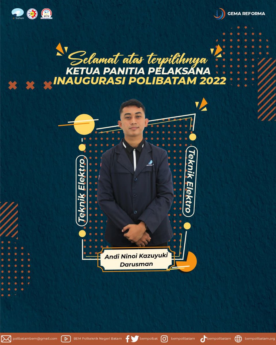 bempolbat's tweet photo. [KETUA PANPEL INAUGURASI POLIBATAM 2022]

Halo Mahasiswa Polibatam 🙌🏻

Selamat kepada "Andi Ninoi Kazuyuki Darusman" atas terpilihnya sebagai Ketua Panitia Pelaksana Inaugurasi tahun 2022!

Semoga dapat menjalankan amanah yang diberikan dan tetap semangat! https://t.co/Ljh8lByuZ3