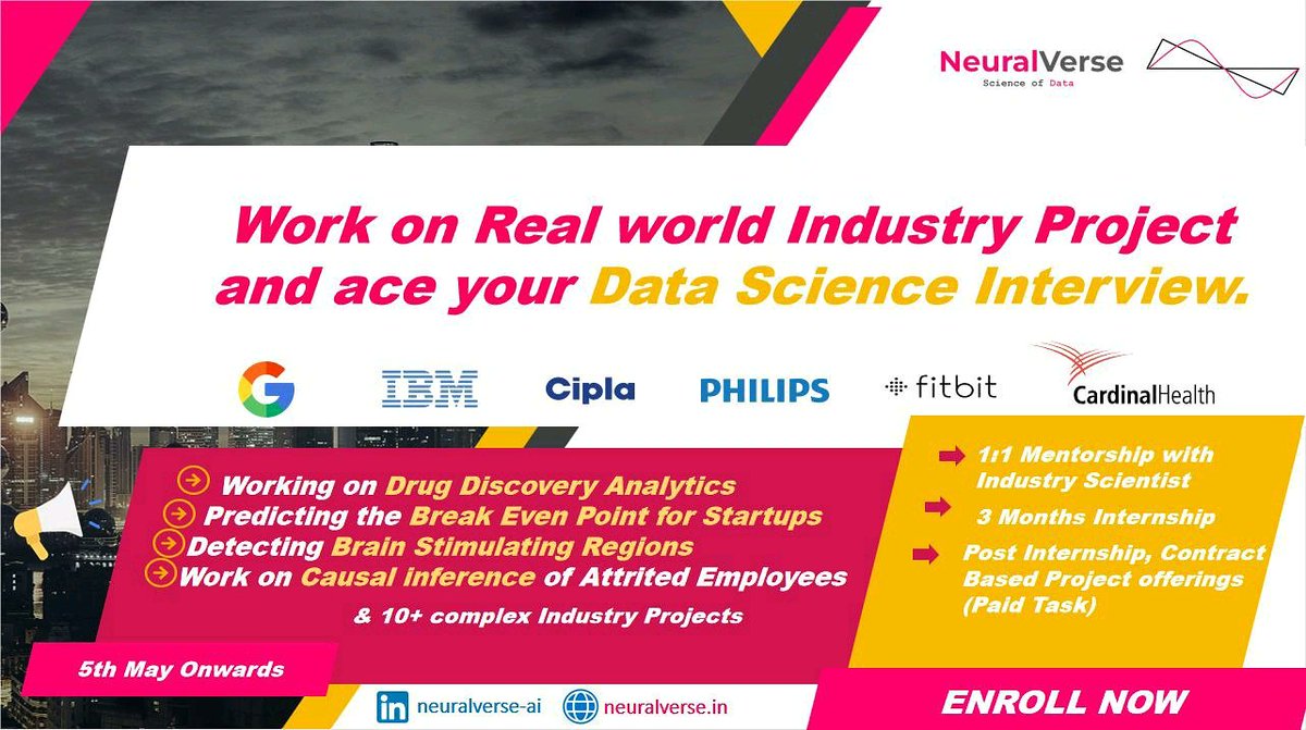 Neuralverse1's tweet photo. Do you want to work with real world problems and enhance your Data Science &amp; Machine Learning Experience. 🎯 Join Neuralverse Internship Program!!🚀

✅Enrollment Fees: Rs 3000 | $ 38

✅Enroll Now!!
👉https://t.co/GmFmSejc0b

#datascientists #datascience #machinelearning #intern https://t.co/Ia4LHkVNtz