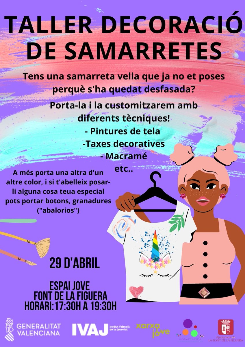🔊 Vine a l'Espai Jove el dia 29 d'abril, de 17.30 a 19.30 hores 🎨👐

Inscriu-te en el següent enllaç ➡️ forms.gle/M513ZHF8DrE6CQ…

No oblides portar la teua samarreta vella. Més informació: bit.ly/38de9a1 👕👚

#LaFontSomJoventut