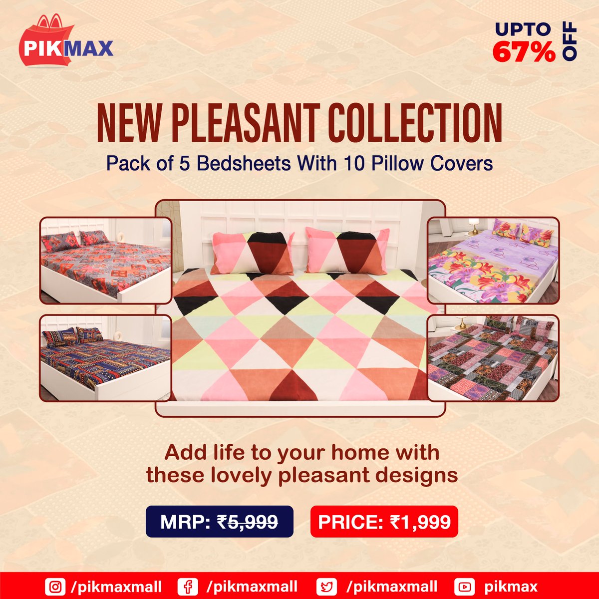 pikmaxofficial's tweet photo. Upgrade your bedroom with PIKMAX. Get pleasant collection of bedsheets &amp; matching pillow covers at unbeatable price only on https://t.co/TtRH2j9p6T
#PIKMAX #Bedsheets #PackofBedsheets #BedsheetswithPIllowCovers #Packof5Bedsheets https://t.co/tZ6lF6W6tO
