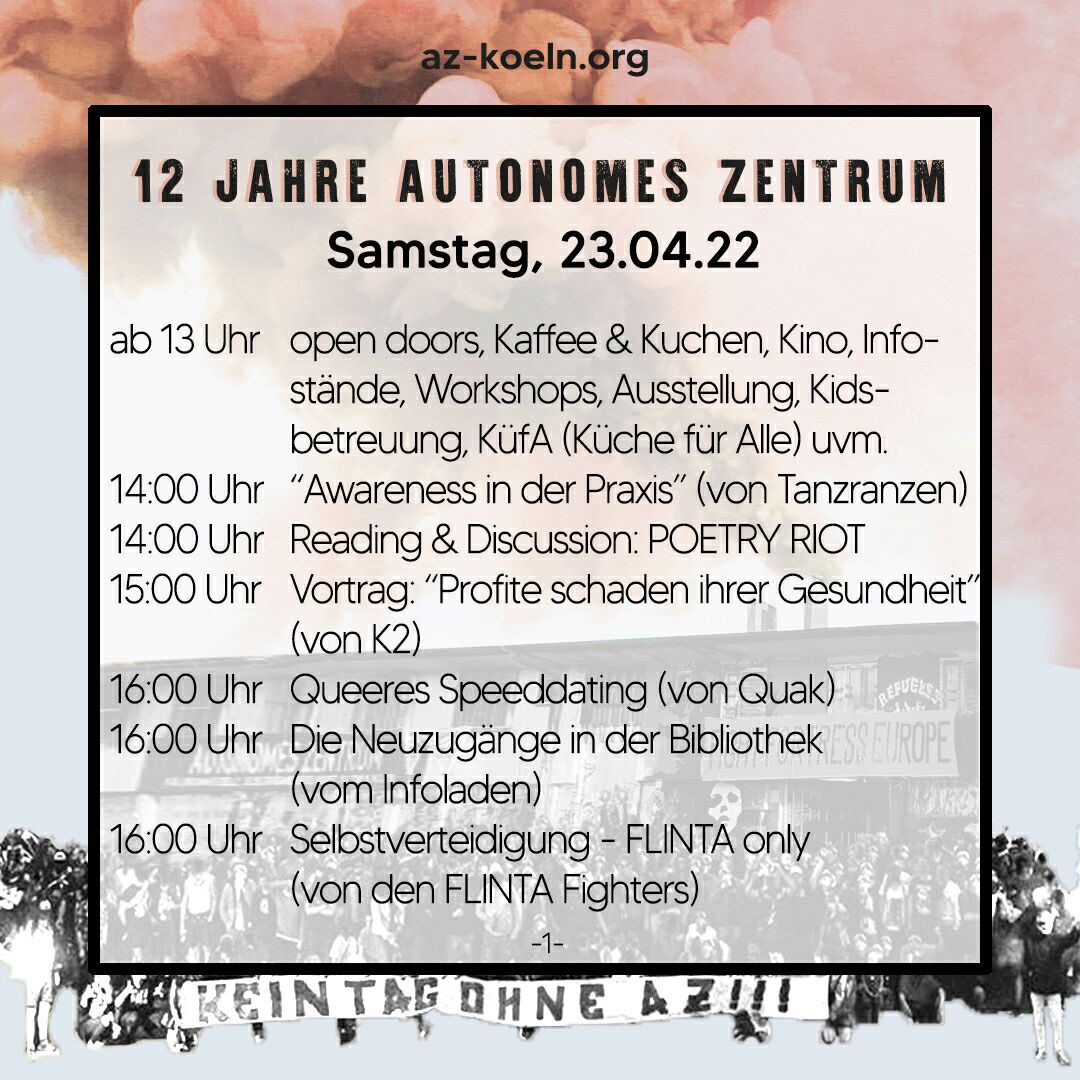 unsersquat's tweet photo. 2/3 #AZKöln #Geburtag|ssause - 12 Jahre #unkommerziell|e #Kunst, #Kultur #Bewegung &amp; Radikal Linke #Politik in #Köln.

Samstag geht es ab mittags mit (Info)Ständen, Vorträgen, Workshops, KüfA … weiter. 
Ab 18 Uhr Mukke.

Es gilt #2G+ https://t.co/0EWhUayaHJ