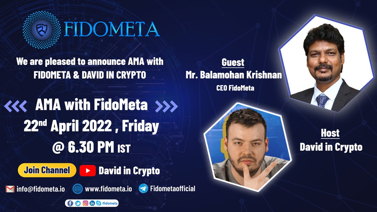 balamohan_in's tweet photo. Dear Friends,
I would be giving an interview to David in Crypto Channel about FidoMeta Project.

It will be a live interview answering both host and audience questions.
Feel free to join the interview.

Special promocodes to be announced for free additional toke purchase. https://t.co/gjo8qxh75S