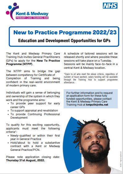 Kent & Medway Primary Care Training Hub (@kmpctraininghub) on Twitter photo A great education & development opportunity for GPs!
The New to Practice Programme (NTPP) provides…
🤝Peer support for early career GPs
👏Support with appraisal and revalidation
💡Continuing Professional Development
💻For more information contact us at: kmpcth@nhs.net A great education & development opportunity for GPs!
The New to Practice Programme (NTPP) provides…
🤝Peer support for early career GPs
👏Support with appraisal and revalidation
💡Continuing Professional Development
💻For more information contact us at: kmpcth@nhs.net