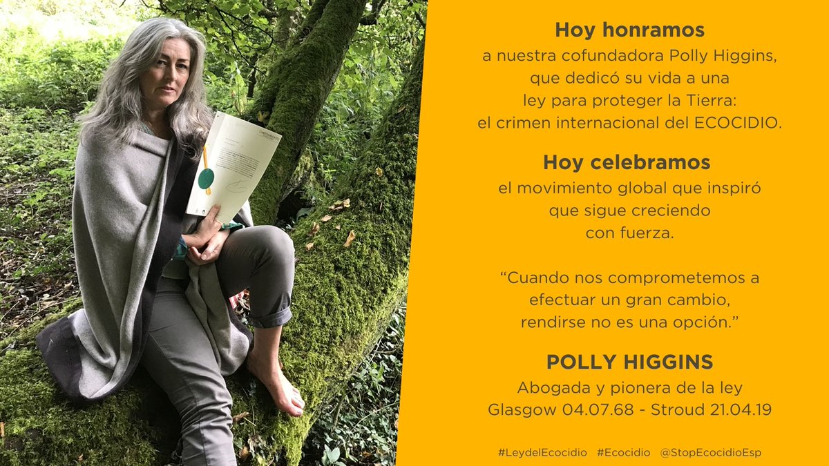 Stop Ecocidio (@stopecocidioof) on Twitter photo Hoy honramos a nuestra excepcional cofundadora, abogada⚖️y pionera <a href="/PollyHiggins/">Polly Higgins Earth lawyer - 1968-2019</a> (1968-2019).
Polly dedicó su vida a concienciar sobre el concepto del #ECOCIDIO y a reclamar en todo el mundo🌍que se convirtiera en un nuevo crimen internacional: un quinto "crimen contra la paz" Hoy honramos a nuestra excepcional cofundadora, abogada⚖️y pionera <a href="/PollyHiggins/">Polly Higgins Earth lawyer - 1968-2019</a> (1968-2019).
Polly dedicó su vida a concienciar sobre el concepto del #ECOCIDIO y a reclamar en todo el mundo🌍que se convirtiera en un nuevo crimen internacional: un quinto "crimen contra la paz"