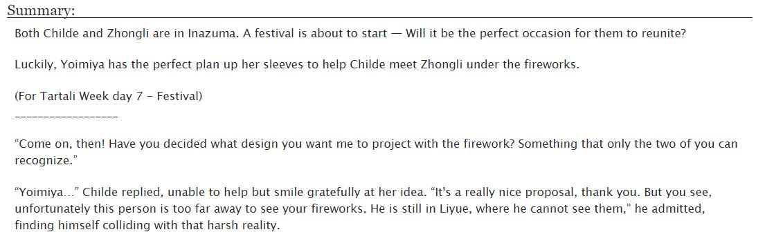 SkylarHazuki's tweet photo. Re-sharing my old tartali festival fic to celebrate Inazuma festival event 

🎆🎇 Flaming Flowers 🎇🎆
🔶Day 7 - Festival
🔶Reconciliation under the fireworks
🔶Set in Inazuma
🔶10k words
https://t.co/r9Yx028xas
#TartaLiWeekRound2 #tartali @tartaliweek https://t.co/u9rMwnHhx8 https://t.co/mz9wH0It09