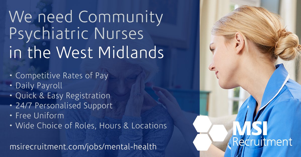 msi_group_ltd's tweet photo. We have vacancies for Community Psychiatric Nurses in the West Midlands, including Birmingham, Coventry, Stoke, Shrewsbury and Worcester.

 Contact us on nursing@msigroupltd.com or 0330 403 0022 for more details or visit https://t.co/Q3puTzzjR0 https://t.co/J7MDK0UHag