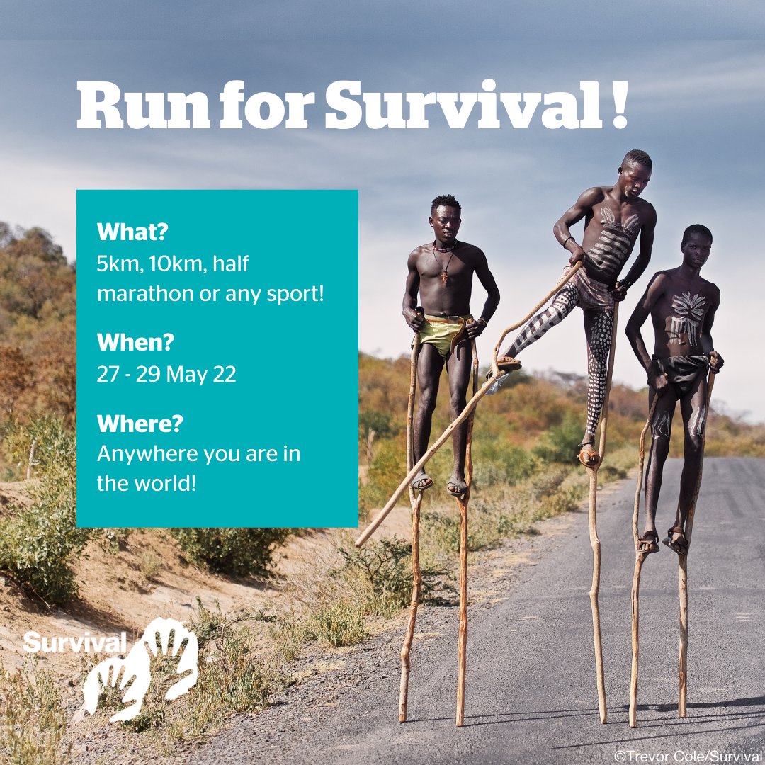 Survival's tweet photo. Put on your sports gear &amp; get moving — for tribes, for nature, for all humanity. 🏃

Join us at your own pace: pick 5k, 10k, half-marathon or sth else!

More info 👉 https://t.co/WWFZanGVwN or email getinvolved@survivalinternational.org

#RunForSurvival #MoveForSurvival https://t.co/vstrayLgGD