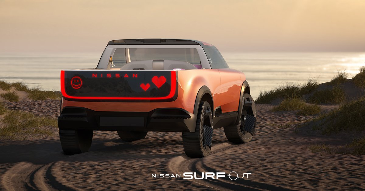 NissanMotor's tweet photo. Be at the center of the party! 
#Nissan Surf-Out is designed with fun at its heart. This concept car’s advanced EV technology will get you over the toughest of terrain smoothly and comfortably.
Learn more:https://t.co/y7p48YIM7l https://t.co/p3fd5pE7UB