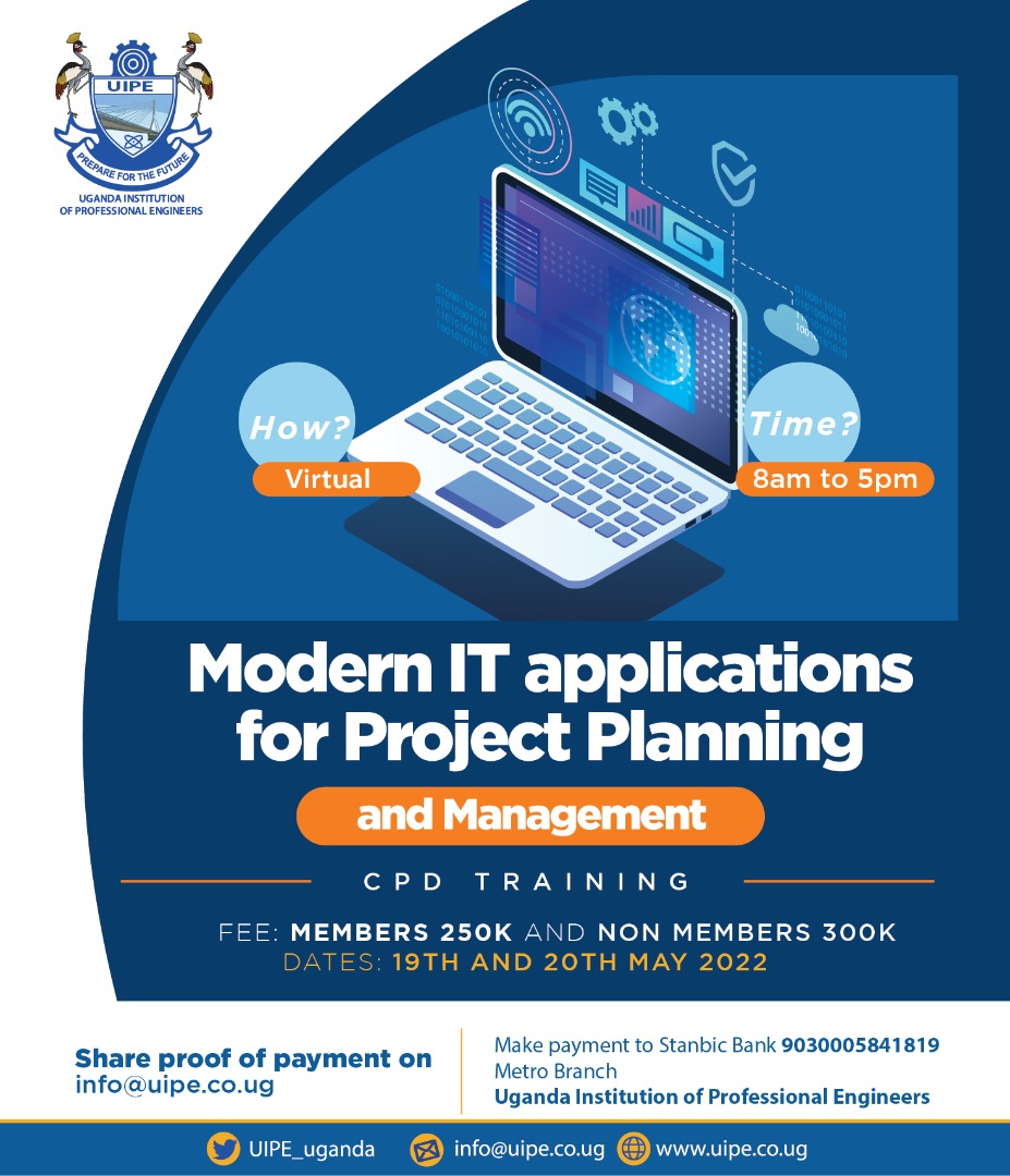 UIPE_Uganda's tweet photo. UIPE Invites you to a CPD Training on Modern IT applications for Project Planning and Management scheduled to take place on 19th - 20th May 2022.
@nwscug @UNRA_UG @UNABCEC_UG @ERBUganda @NBRBug @uedcl_ @uetcl @UmemeLtd @JudiciaryUG @MoWT_Uganda @min_waterUg @UACE_Uganda @Eskomug https://t.co/lrFEII7zxy