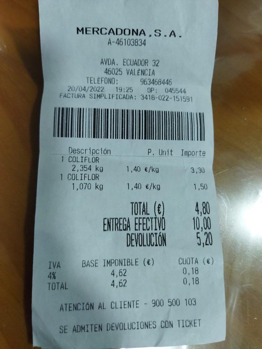 pablomima's tweet photo. Hola @Mercadona, es normal que en unas horas suba 0,49€ el kilo de coliflor en el mismo supermercado? https://t.co/H8PLA5zvcU