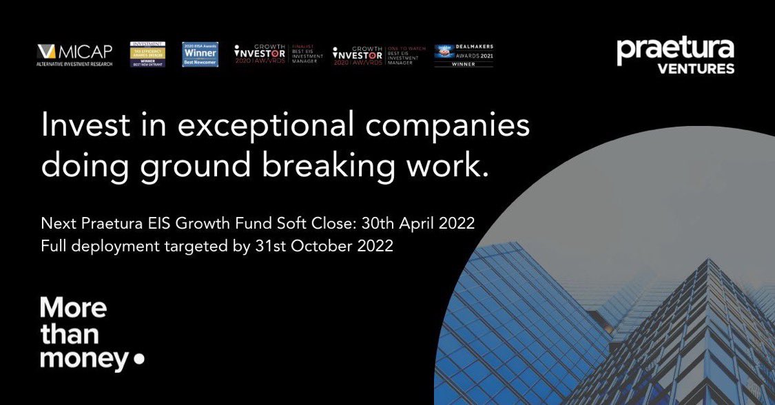🚀Invest in exceptional early-stage UK businesses with high growth potential through the Praetura EIS Growth Fund. 

⚡️We target a 2x return for investors while providing 'more than money' to help founders build the best business they can.

👉 Applications are closing soon.
