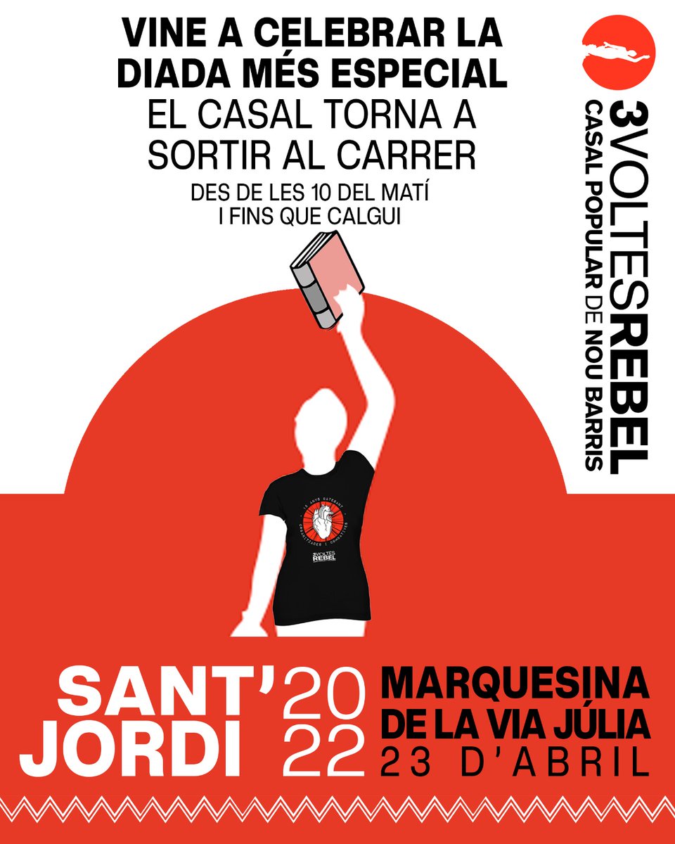 Aquest #SantJordi2022  tornem a sortir al Carrer!

Vine a celebrar la diada amb nosaltres!

Des de les 10h estarem a la Marquesina de Vía Júlia montant paradeta amb tots els nostres col.lectius!

T'ho perdràs?

#15AnysDeLluita