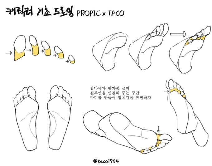 발바닥과 발가락 끝의 실루엣 연결해 주는 중간 마디를 표현해 입체감을 살린다 