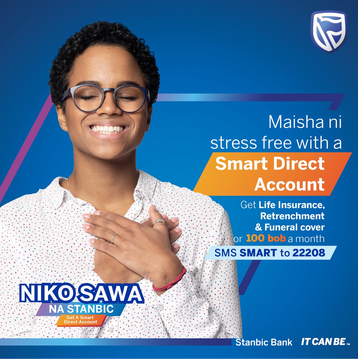 For Kshs. 100 you get Retrenchment Cover of up to Ksh. 450,000,  Life Insurance Cover of up to Ksh. 900,000, Funeral Cover of up to  Ksh. 100,000 &amp; Mobile Loans of up to Ksh.3M.
Click here:prod-onboarding.stanbicbank.co.ke  or SMS SMART to 22208 for more information. 
#NikoSawanaStanbic