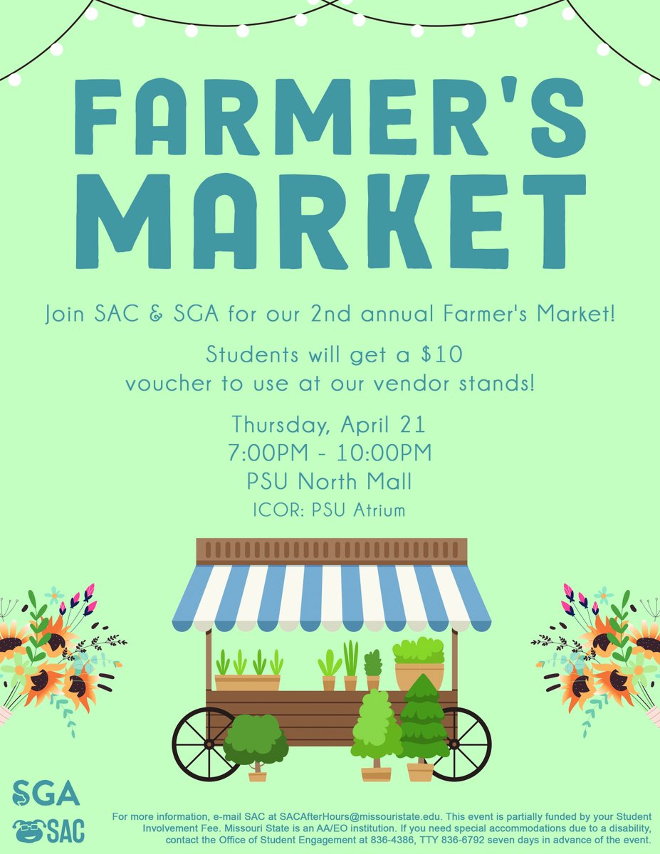 Missouri State University Family Programs (@bearsfamilies) on Twitter photo Don't miss the Farmer's Market tonight hosted by <a href="/MOStateSAC/">Student Activities Council at MSU</a> & <a href="/MOStateSGA/">Missouri State SGA</a>, 7-10pm on the North Mall! Don't miss the Farmer's Market tonight hosted by <a href="/MOStateSAC/">Student Activities Council at MSU</a> & <a href="/MOStateSGA/">Missouri State SGA</a>, 7-10pm on the North Mall!
