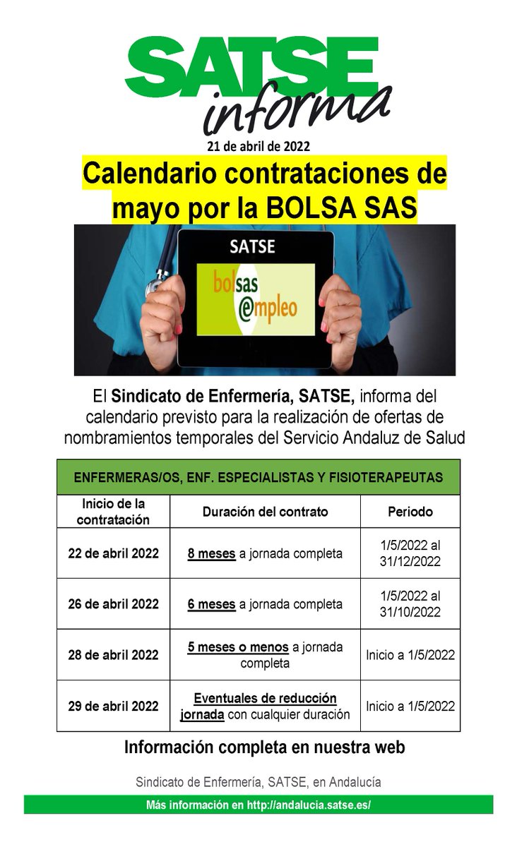 SATSE_Andalucia's tweet photo. 🚨#SATSE informa sobre el calendario de ofertas por la Bolsa Única #Empleo SAS para contratos hasta final de 2022 

☎️El 22 de abril comienzan a llamar a #Enfermeras, #Enfermeras Especialistas y #Fisioterapeutas para contratos hasta 31/12

➕Información🔗https://t.co/oymPY58zd8 https://t.co/YVRIUUvGim
