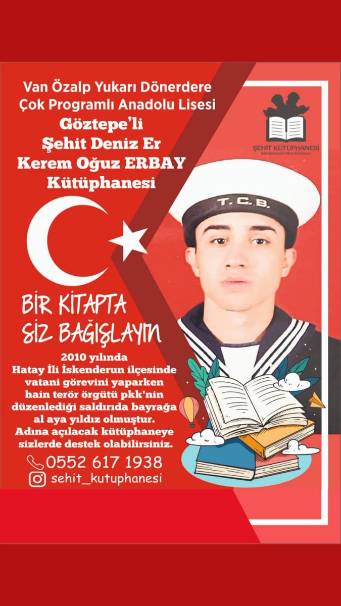 GozGozTv35's tweet photo. Göztepeli şehit Kerem Oğuz Erbay'ın adını taşıyacak olan kütüphaneye destek olmak isteyenler 0552 617 19 38 nolu telefona ulaşabilir ve 31 mayısa kadar katkılarını sunabilir.

#Göztepe #GözGözTv https://t.co/pnV4RkzwiW