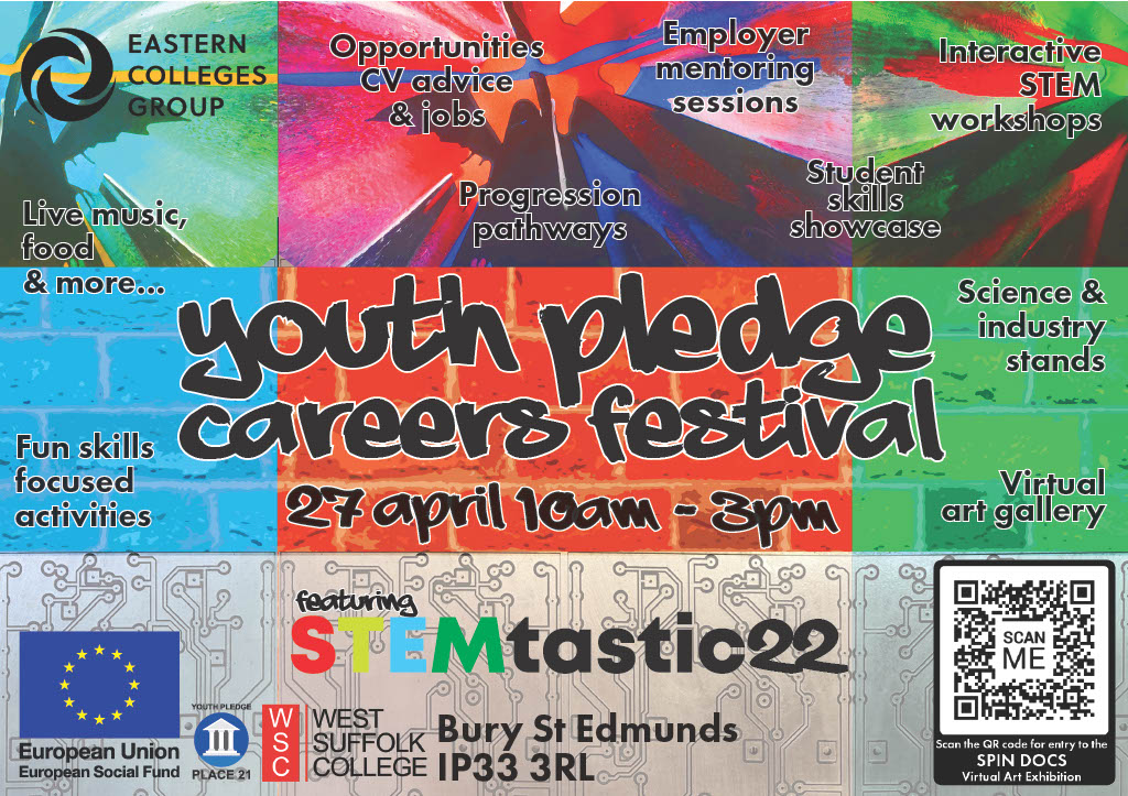 West Suffolk College 🏳️🌈 (@westsuffolk) on Twitter photo Join our Youth Pledge Careers Festival, featuring STEMtastic22 on Wednesday 27 April from 10.00am - 3.00pm.
There will be exciting performances, demonstrations, workshops, and more!
Find out more:
wsc.ac.uk/ypcf-2022
For booking, please email caroline.margarson@wsc.ac.uk Join our Youth Pledge Careers Festival, featuring STEMtastic22 on Wednesday 27 April from 10.00am - 3.00pm.
There will be exciting performances, demonstrations, workshops, and more!
Find out more:
wsc.ac.uk/ypcf-2022
For booking, please email caroline.margarson@wsc.ac.uk